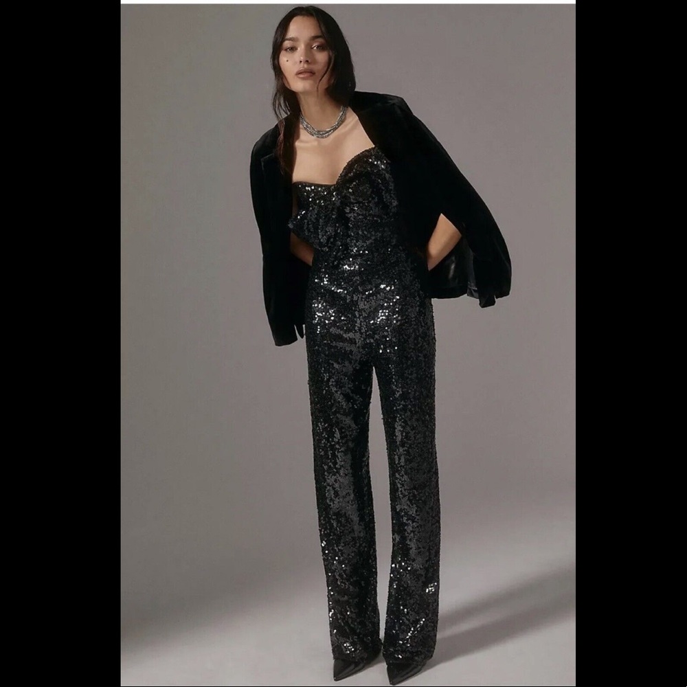 Anthropologie Hutch black sequin bow jumpsuit sz10